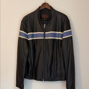 Vintage Danier black leather jacket cool blue white stripes size large